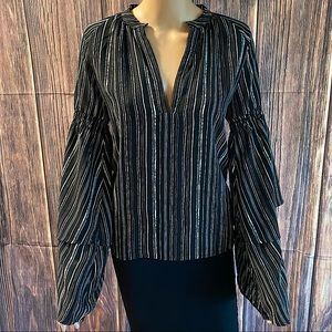 Skylar + Madison medium black white striped ruffle statement bell sleeve top